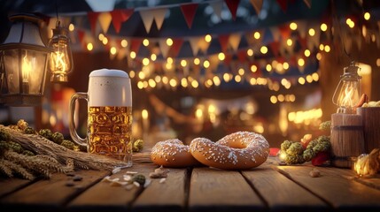 Obraz premium A cozy Oktoberfest scene with a pretzel resting on a wooden table, surrounded by hops, wheat stalks, and beer mugs. The backdrop features Bavarian flags and lanterns. The bottom left corner includes