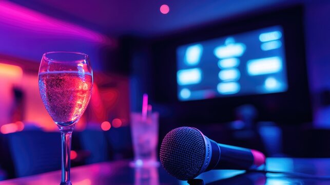 Microphone lying on a table next to drinks, with a karaoke machine and TV screen showing song lyrics