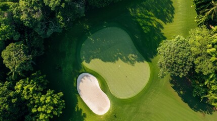 Aerial view of a pristine golf green surrounded by lush trees, featuring a nearby sand bunker on a sunny day.