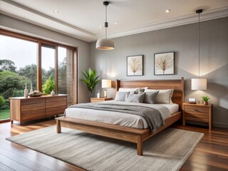 A sleek contemporary bedroom features oversized furniture pieces crafted from genuine Australian hardwood, radiating