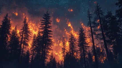 Intense Forest Fire Under Starry Night Sky with Tall Trees Ablaze in Dramatic Landscape