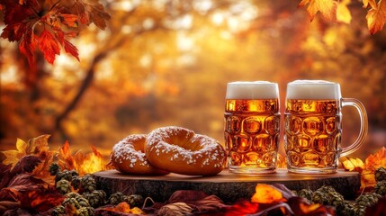 A cozy Oktoberfest setting with a soft pretzel resting on a wooden board, surrounded by hops and beer mugs. The backdrop features traditional Bavarian decorations and warm festival lighting. The