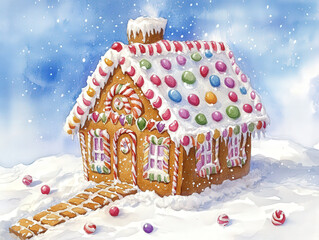 Enchanting Gingerbread House in Winter Wonderland Watercolor Illustration