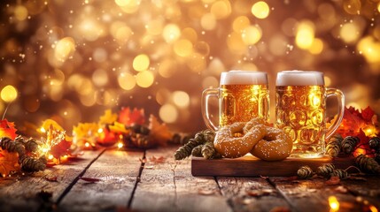 A cozy Oktoberfest setting with a soft pretzel resting on a wooden board, surrounded by hops and beer mugs. The backdrop features traditional Bavarian decorations and warm festival lighting. The