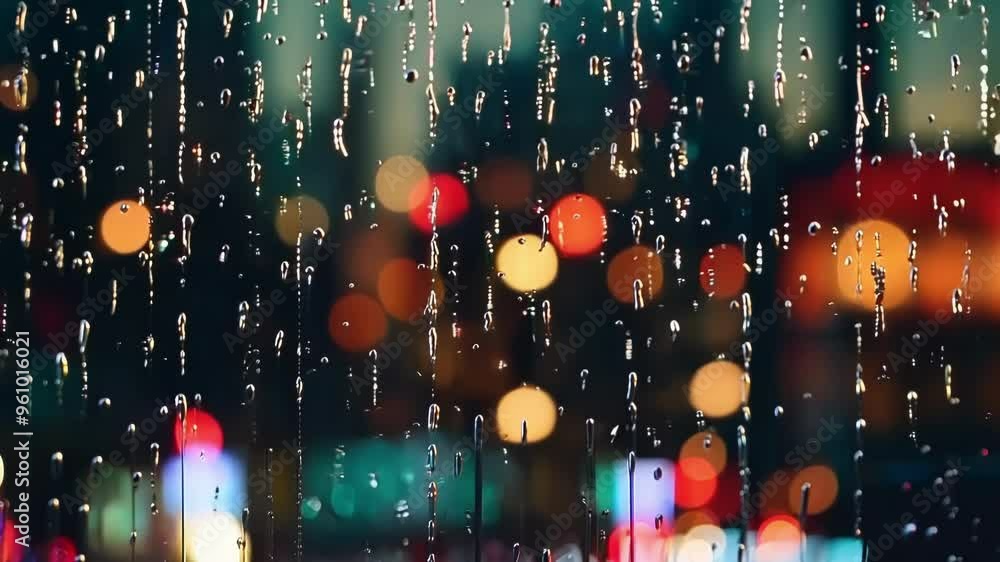 Poster rainwater is dripping down a window pane at night, creating a beautiful bokeh effect from the city l
