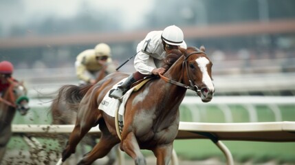 Obraz premium Jockeys riding thoroughbred horses race competitively on a dirt track, focusing on speed and agility.