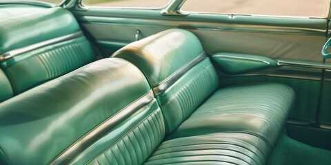 Rear seating featuring green vinyl covering in a classic 1950s car.