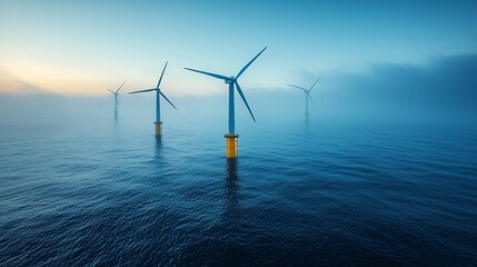 Four turbines rise above smooth ocean waters, turning steadily under the clear sky.