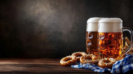 A festive Oktoberfest background featuring beer mugs overflowing with frothy foam, arranged on a long wooden table covered in a blue and white checkered cloth. The backdrop features a warm beer