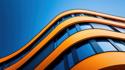 Modern Architectural Building with Curved Orange Facade and Blue Sky Background