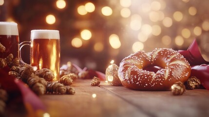 A festive Oktoberfest background with a large pretzel resting on a wooden table, surrounded by hops, beer mugs, and traditional Bavarian flags. The backdrop evokes the spirit of a beer garden