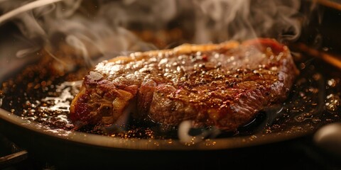 A juicy aged steak sizzling in a pan, with flavorful beef fat embodying its essence.