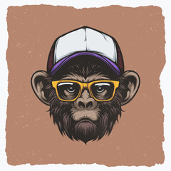 Monkey Illustration Wearing Hat and Glasses with a Flat Expression