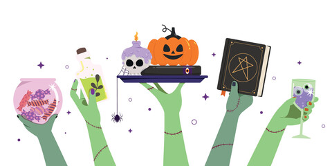 Zombie hand holding decoration of Halloween. Surprise for Happy Halloween. Halloween festival banner.