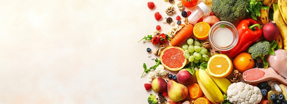 Banner of the role of nutrition in maintaining health with copyspace for custom design and messaging. A balanced diet and proper nutrition contribute to overall well being