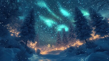 Obraz premium Enchanting Winter Wonderland with Northern Lights and Snow-Covered Trees in a Magical Night Sky