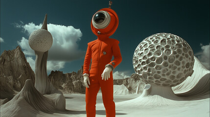 A character in a bright orange spacesuit with a large, spherical helmet resembling an eye stands on an alien landscape filled with surreal, organic-looking structures under a moody sky.