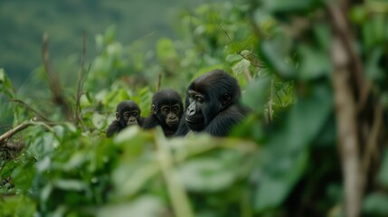 Fototapeta premium Mountain gorilla family sitting in dense vegetation, rare species interaction, lush jungle, soft diffused light