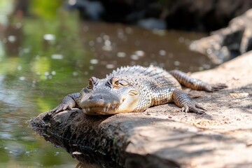 An Indian gharial basking on riverbank, an uncommon crocodilian species, shimmering reflections in still water, golden sunlight streaming down.