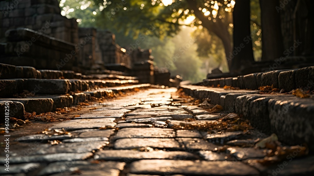 Poster a stone path with trees in the background.