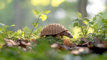 Fototapeta premium As the giant armadillo cautiously navigated through the dense forest underbrush, it reveled in the rare species it encountered and the soft dappled sunlight filtering through the leaves.