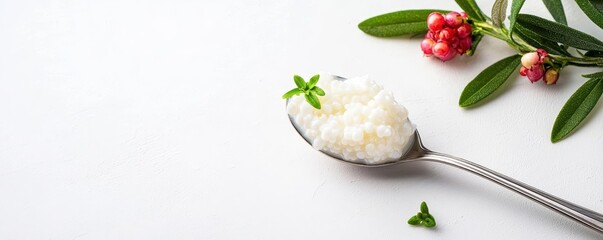A macro shot of a spoonful of kefir, with visible fermentation bubbles, Fermented Kefir, showcasing the live probiotics that support digestive health
