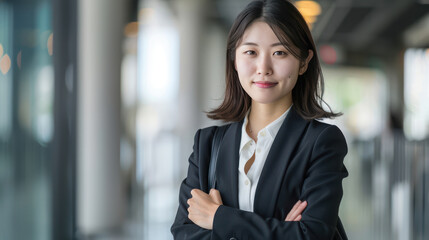 Confident businesswoman in professional setting, wearing black suit and smiling warmly.