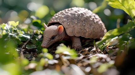 A rare species, the giant armadillo walks through dense forest underbrush, with soft dappled sunlight peeking through the leaves.