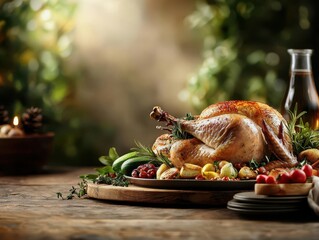 Roasted turkey surrounded by vegetables from a garden, set outdoors with the blessings of nature, Realism, Warm tones
