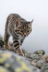 Obraz premium Endangered Andean mountain cat carefully navigating rocky terrain, a rare sight in the cool, misty mountain landscape.