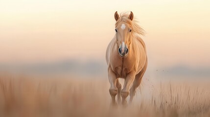 Obraz premium Elegant Przewalski's horse running across grassland steppe, rare species in motion, sunset colors in sky