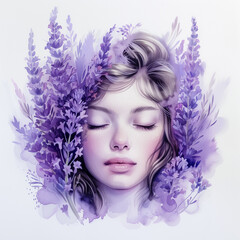 Purple violet watercolour portrait of pretty woman with lavender lavandula flower in her hair on white background. Floral blossom concept