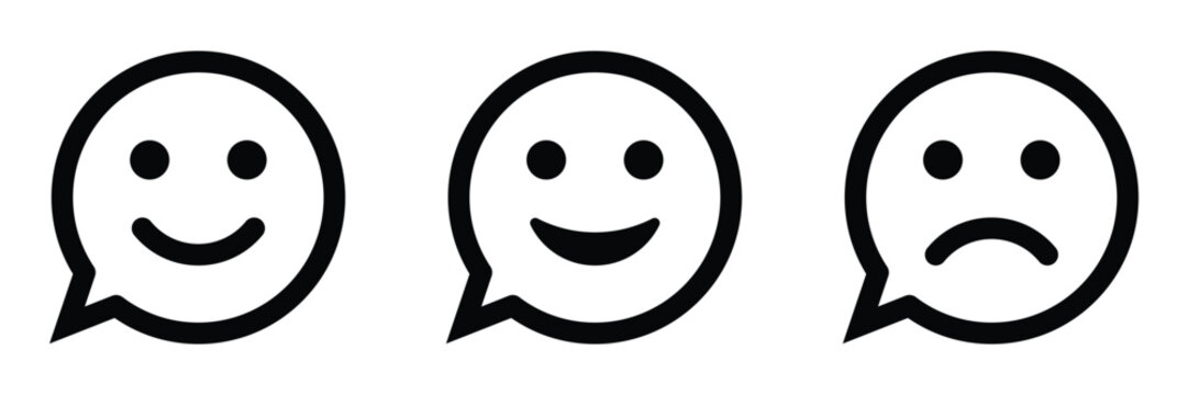 Happy and sad speech bubble icon set. Smile face and sad. Feedback emoji, emoticons. Smiley icon set. Good and bad emotions. Vector illustration