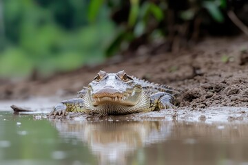 Fototapeta premium Critically endangered Siamese crocodile resting by a riverbank, rare reptile species, soft reflections in water