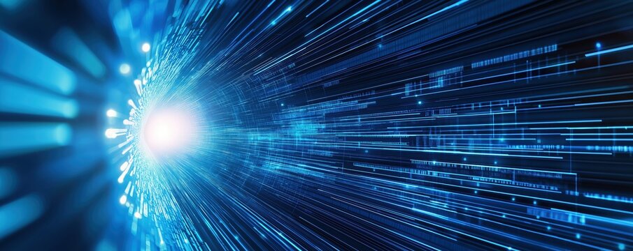 Abstract futuristic glowing blue data center with digital lines and virtual reality background. Digital technology concept