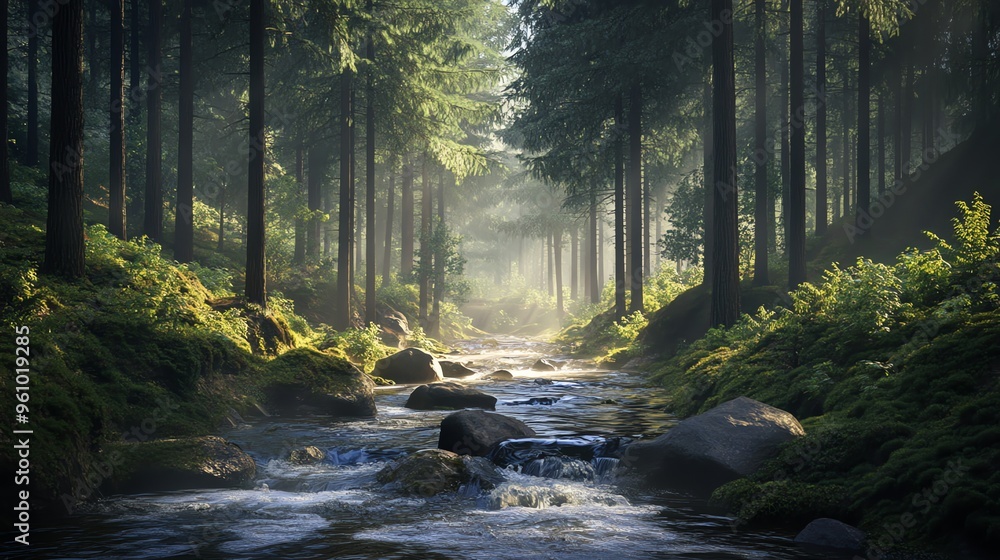 Poster a stream flows through a dense forest with sunlight beaming through the trees.