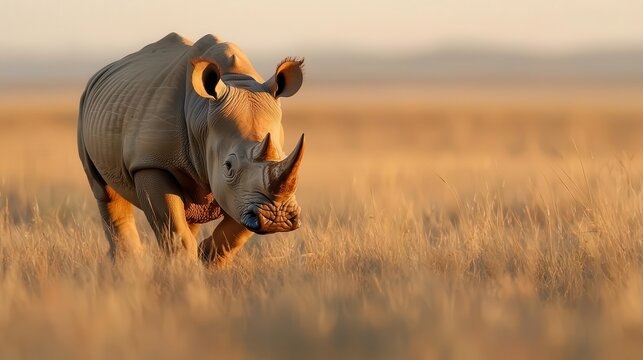 Critically endangered northern white rhino roaming on a grassy plain, rare species, warm golden sunset glow.