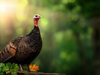 Fototapeta premium A wild turkey by a serene forest stream, sunlight streaming through the trees, representing the blessings of nature, Realism, Earthy tones