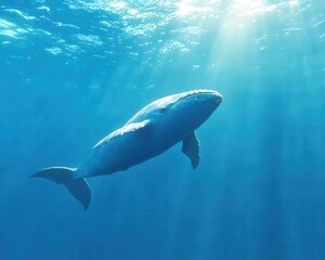 Critically endangered blue whale swimming in deep ocean, rare species, sunlight filtering through water surface.