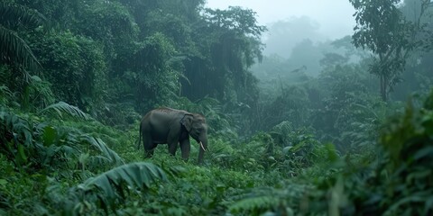 Fototapeta premium A Borneo pygmy elephant gracefully strolling through lush rainforest, a rare sight indeed, illuminated by the soft glow of the morning mist.