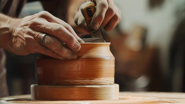 Craftsman is carefully using a caliper to measure the diameter of a clay pot, ensuring precision in his pottery workshop