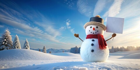 Fototapeta premium Snowman holding sign with space for text in snowy landscape
