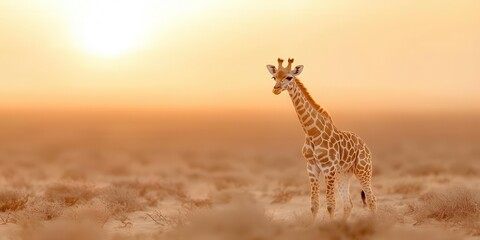 Angolan giraffe standing in sparse desert vegetation, rare species under vibrant orange sunset sky