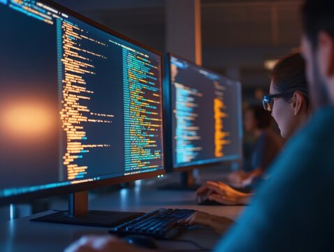 Code Review Meeting: Team discussing code on a large screen, focusing on collaborative debugging