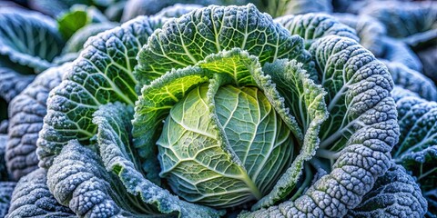 Obraz premium Frozen cabbage covered with frost in a winter garden