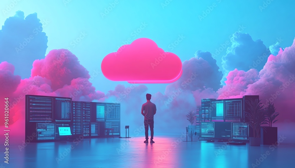 Poster modern flat design 3d illustration of male user qadir accessing cloud storage and uploading files, c