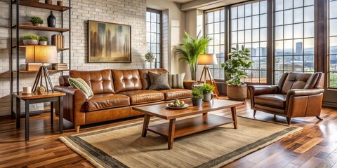 Fototapeta premium Brown leather couch and armchair in a modern living room with wooden coffee table and area rug