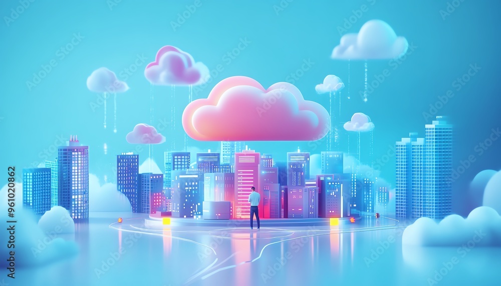 Poster modern flat design cloud computing concept, 3d illustration of qadir, male figure, gaining access to