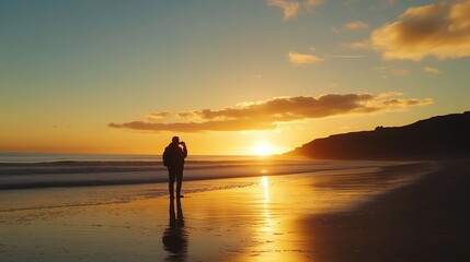 Silhouette of a man taking a photo of a sunset on the beach.