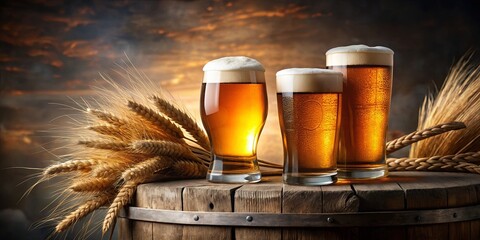 Cooled glasses of beer on rustic wooden cask with wheat ears